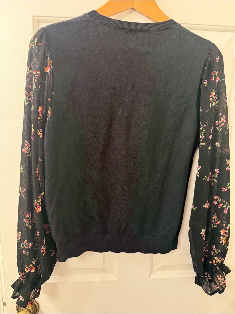 J. Crew Black Sweater with Floral Balloon Sleeves